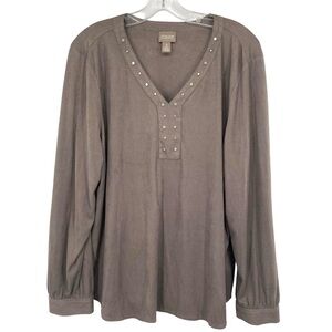 Chico's Taupe Ribbed V-Neck Long Sleeve Embellished Top